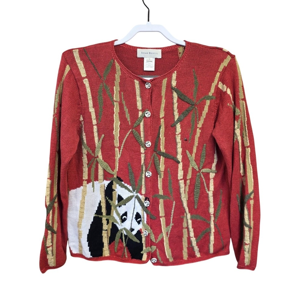 VTG Y2K Susan Bristol Sweater Whimsical Novelty L Panda Bamboo Embroidery 00s